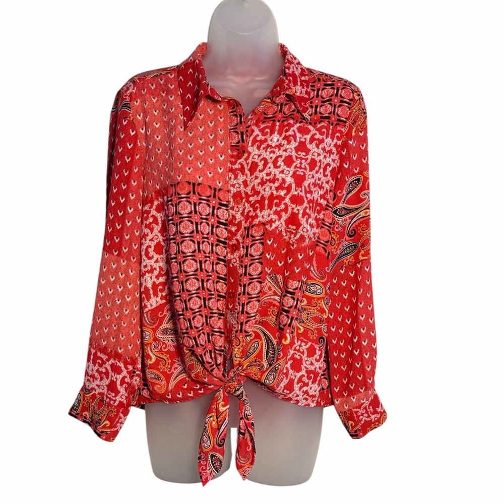 Allison Daley Red Patchwork Tie-Front Button-Down Blouse